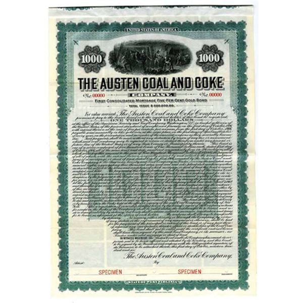 WV. Austen Coal & Coke Co., 1906. $1000 Specimen 5% Coupon Bond, VF-XF. ABNC