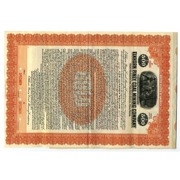 WV. Elkhorn Piney Coal Mining Co., 1917. $500 Specimen 6% Coupon Bond, VF. ABNC