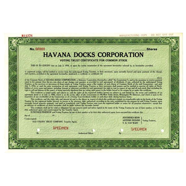 Cuba. Havana Docks Corp., ca.1920-1930 Specimen Stock Certificate