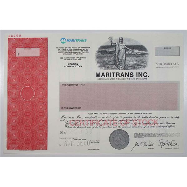 Maritrans Inc., 1993 Odd Shares Specimen Stock Certificate, VF ABNC