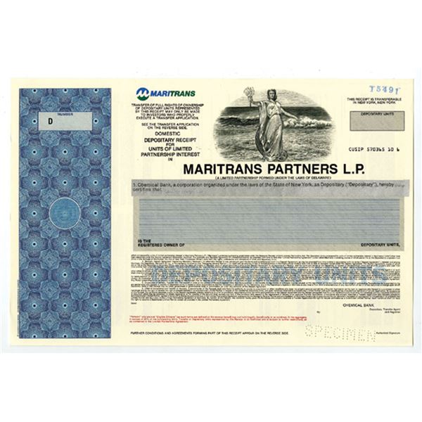 Maritrans Partners LP, 1980s Specimen Stock Cert, XF Shipping & Navigation