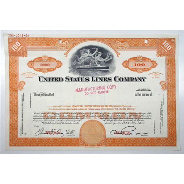 NJ. United States Lines Co., 1950-60s 100 Shares Specimen Stock Cert, VF ABNC