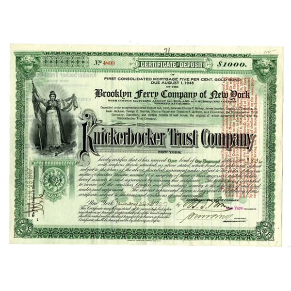 NY. Brooklyn Ferry Co. of New York, 1907. $1000 5% I/U Cert. of Deposit, VF-XF