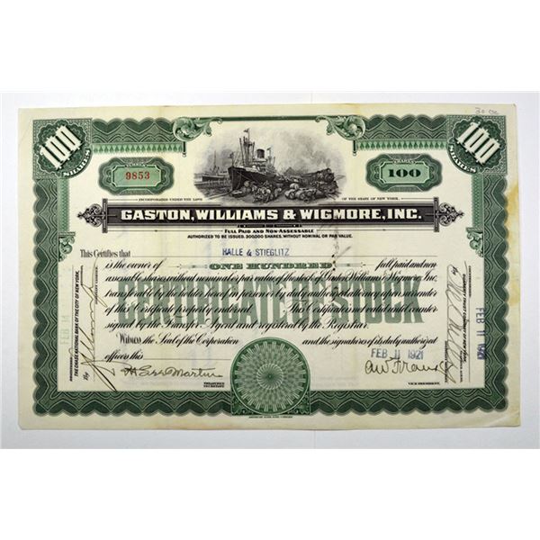 NY. Gaston, Williams & Wigmore, Inc., 1921 100 Shrs I/U Stock Certificate, VF