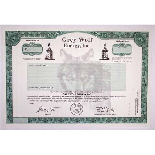 CA. Grey Wolf Energy, Inc., 1996. Specimen Stock Cert., XF-AU. ABNC