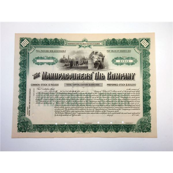 Manufactures' Oil Co., ca.1910-1920 Specimen Stock Certificate