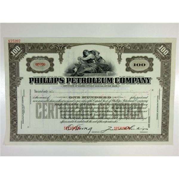 Phillips Petroleum Co 1920-30s Specimen 100 Shrs Stock Certificate XF ABN Olive