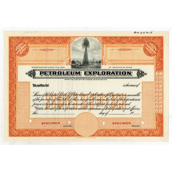 ME. Petroleum Exploration, ND(1920s). <100 Shrs Capital Stock Specimen Cert, XF