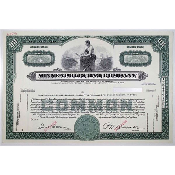 MN. Minneapolis Gas Co., 1950s <100 Shrs Specimen Stock Cert., VF Columbus BN Green