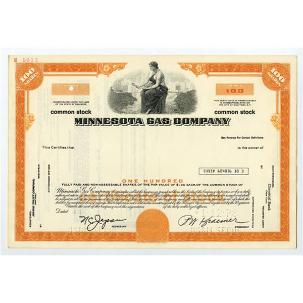 MN. Minnesota Gas Co., 1978 100 Shrs Common Stock Specimen Certificate, XF SCBNC