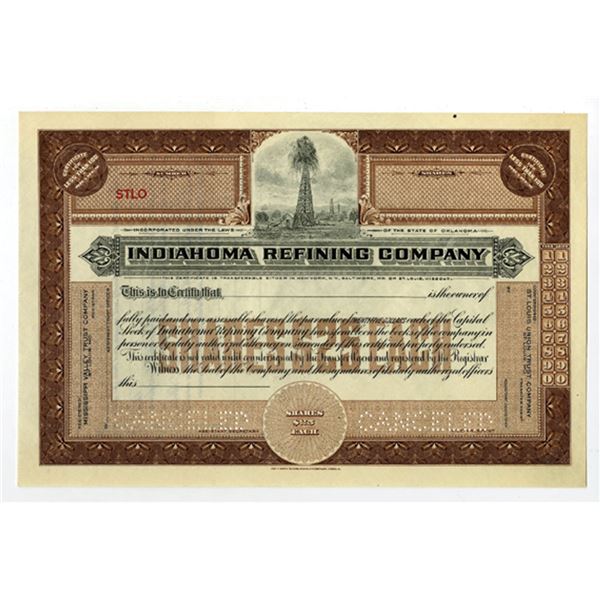 OK. Indiahoma Refining Co., 1920s <100 Shrs Specimen Stock Certificate, XF-Brown