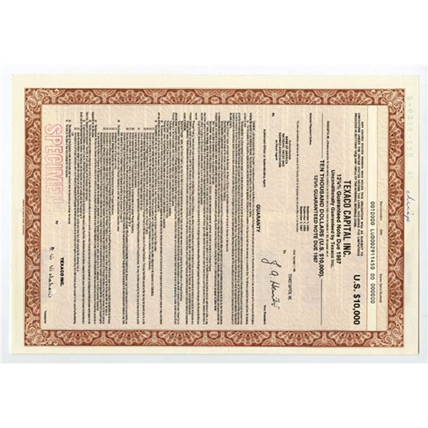 TX. Texaco Capital Inc., 1985 $10,000 Specimen 12 7/8% Guaranteed Bond, XF ABNC