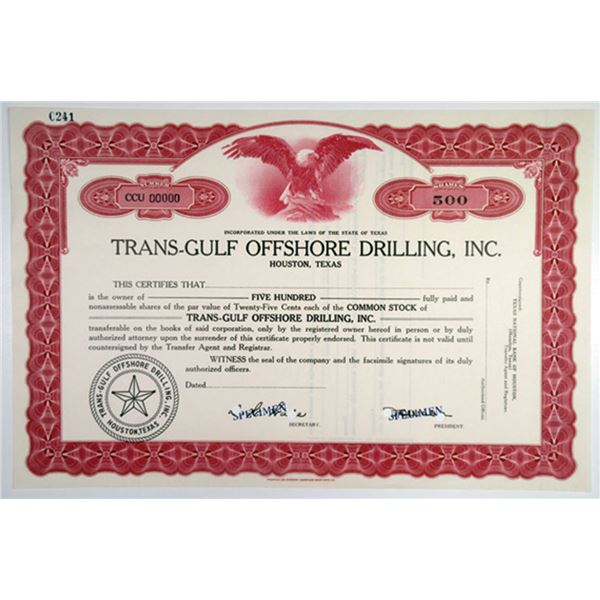 TX. Trans-Gulf Offshore Drilling, Inc, 19--, 500 Shares Specimen Stock Cert, AU