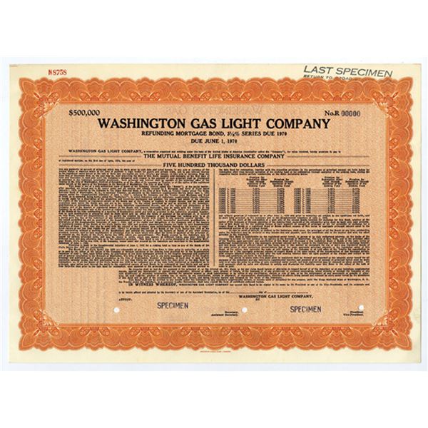Washington Gas Light Co., 1940s Specimen 3 1/8% $500,000 Mortgage Bond, VF ABNC