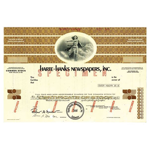 Harte-Hanks Newspapers Inc 1960s Odd Shares Specimen Stock Cert XF ABN Brown