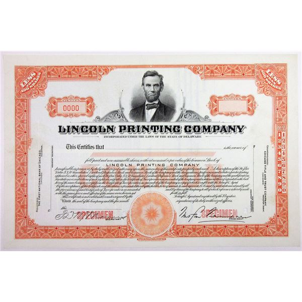 Lincoln Printing Co 1920-40s Specimen Stock Certificate <100 Shrs XF SBN Orange