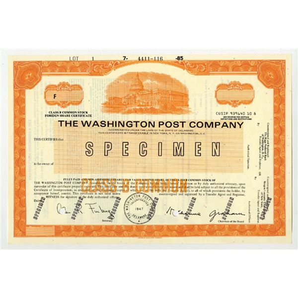 Washington Post Co. 1970-1980's Specimen Stock Certificate Jeff Bezos News Paper