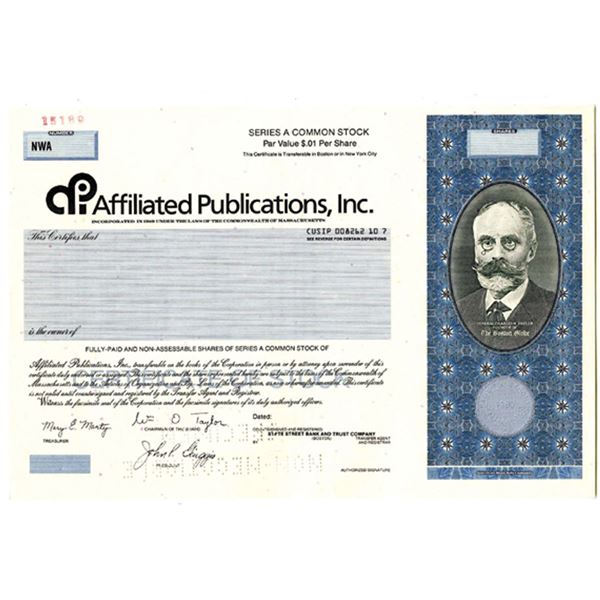MA. Affiliated Publications, Inc., 1980s Odd Shrs Specimen Stock Cert, VF-XF ABN