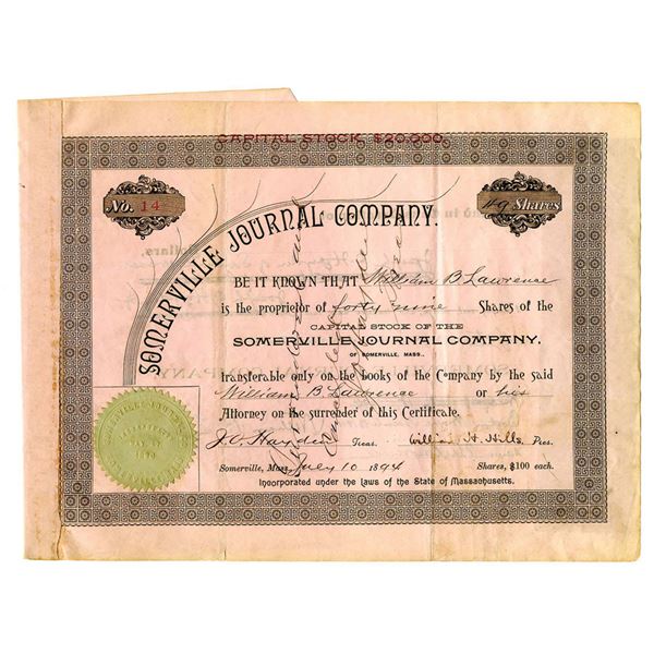 MA. Somerville Journal Co., 1894. 49 Shrs Capital Stock I/U Stock Cert, Fine