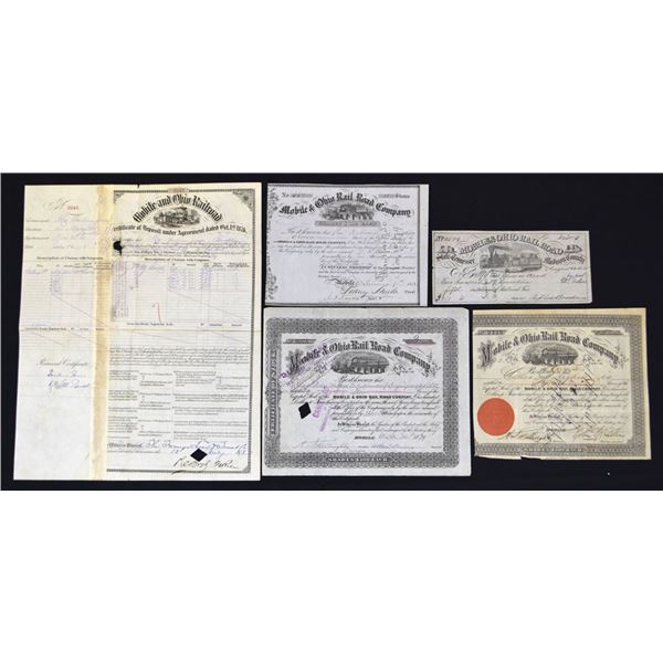 AL. Mobile & Ohio Rail Road Co., 1854 to 1879, Stock and Fiscal Document Assortment.