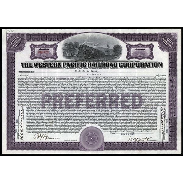 CA. Western Pacific Railroad Corp., 1925 I/U Stock Cert. ABNC