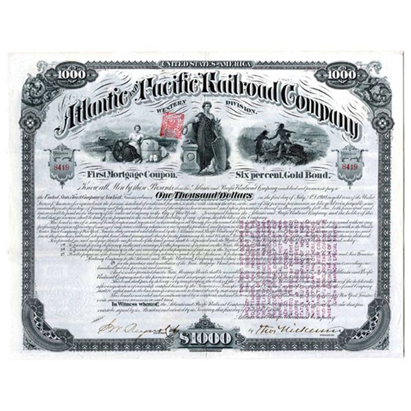 CO. Atlantic and Pacific Railroad Co., 1880 I/U "Western Division" Bond.
