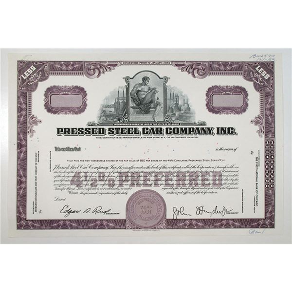 Pressed Steel Car Co., Inc. 1953 <100 Shares Proof 4.5% Preferred Stock Cert