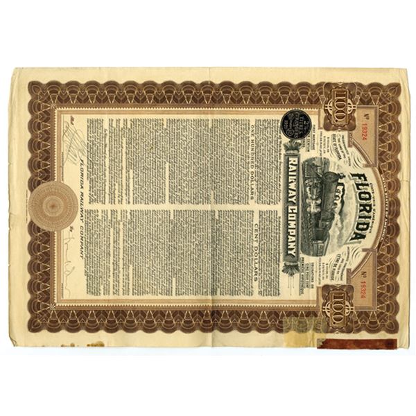 FL. Florida Railway Co., 1909 $100 I/U 5% Coupon Bond, Fine condition