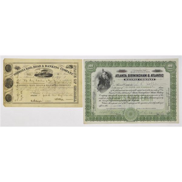GA., Georgia Railroad Stock Certificate Pair, 1852 and 1926.