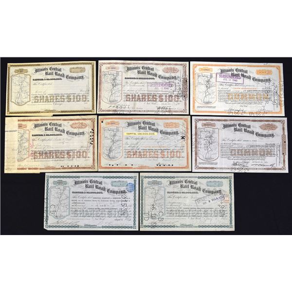 IL. Illinois Central Rail Road Co., 1874 to 1943, I/C Stock Certificate Assortment.
