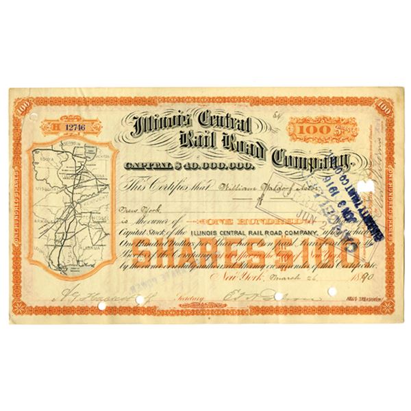 IL. Illinois Central Rail Road Co., 1890, I/C Stock Certificate Issued to William Waldorf Astor.