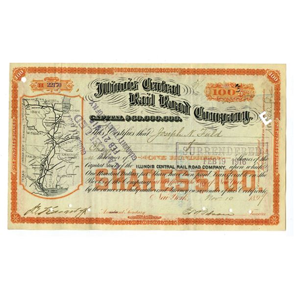 IL. Illinois Central Rail Road Co., 1899, I/C Stock Certificate Issued to Joseph N. Field.