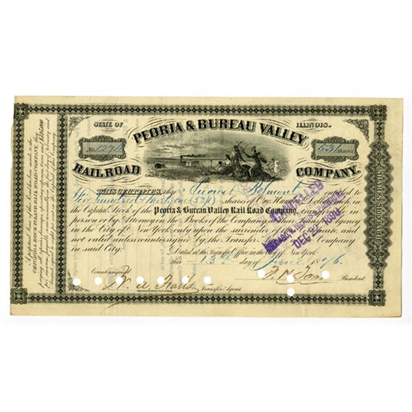 IL. Peoria & Bureau Valley Railroad Co., 1876, I/C Stock Certificate Issued to August Belmont