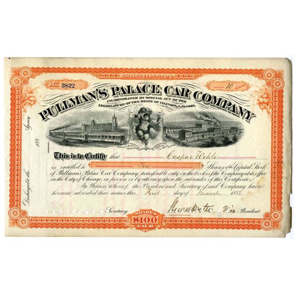 IL. Pullman's Palace Car Co. 1882 I/C Stock Cert 10 Shrs Signed by Horace Porter