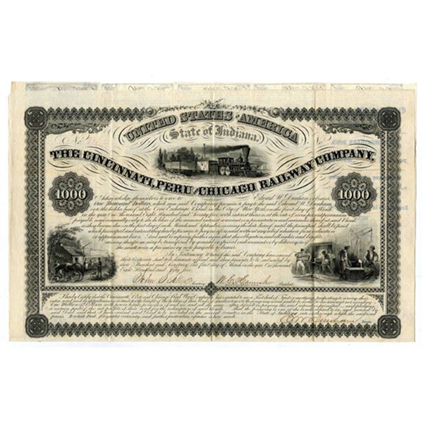 IN. Cincinnati, Peru and Chicago Railway Co., 1855, $1000 I/U 7% Coupon Bond, XF