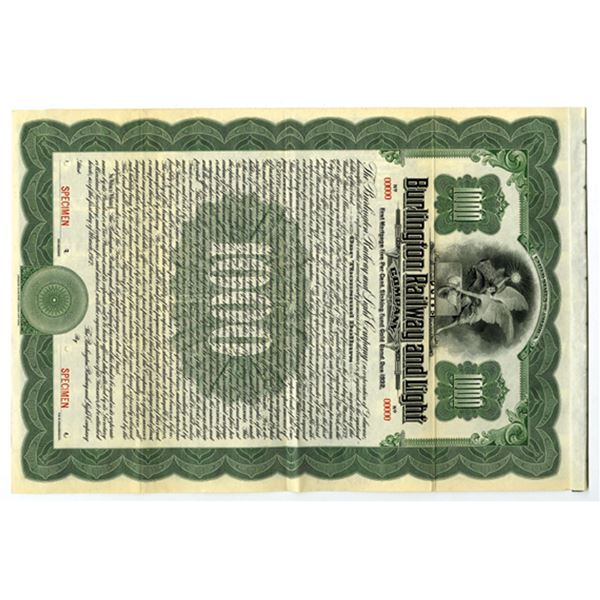 IA. Burlington Railway & Light Co 1912 Specimen $1000 5% Gold Coupon Bond VF ABN