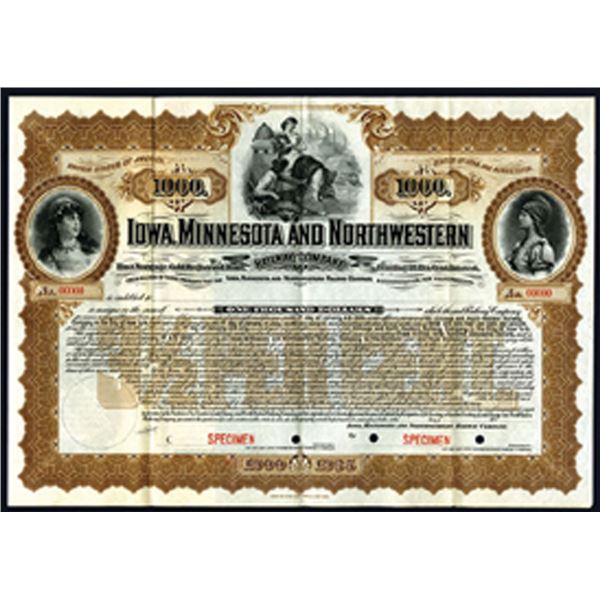 Iowa, Minnesota and Northwestern Railway Co., 1900, $1000 Specimen Bond.