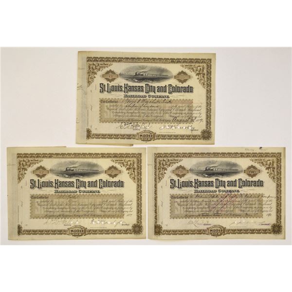 KS. St. Louis, Kansas City and Colorado Railroad Co., 1887 to 1890, I/C Stock Certificate Trio.