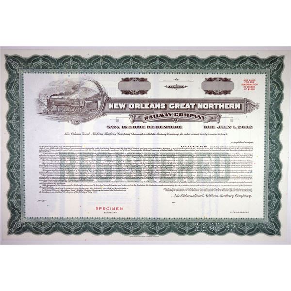 LA. New Orleans Great Northern Railway Co., 1982 $Odd Specimen 5% Reg. Bond, VF-XF