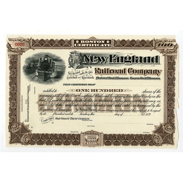 MA. New England Railroad Co., ND (1890s), Unissued Stock Certificate.