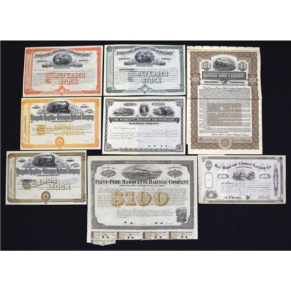 MI. Michigan Incorporated Railroad Stock and Bond Certificates, 1873 to 1908.