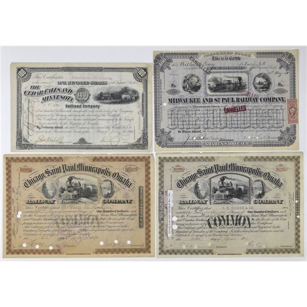 MN. & WI., Minnesota and Wisconsin Railroad Stock Certificate Quartet, 1871 to 1919.