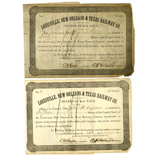 MO. Louisville, New Orleans & Texas Railway Co., 1884, I/C Stock Certificate Pair Including S/N 1.
