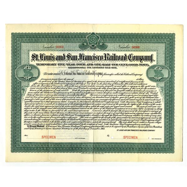 St. Louis and San Francisco Railroad Co 1903 Specimen 4 1/2% Registered Gold Bond