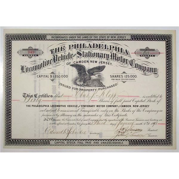 NJ. Philadelphia Locomotive Vehicle & Stationary Motor Co., 1891 I/U Stock Cert
