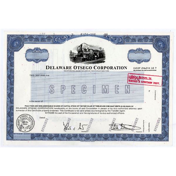NY. Delaware Otsego Corp. 1986 Odd Shrs Specimen Stock Cert, VF ABNC