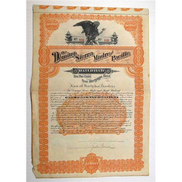 NY. Deming Sierra Madre & Pacific Railroad Co., 1889. $1000 I/U 6% Coupon Bond.