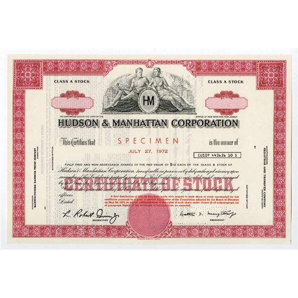 NY. NJ., Hudson & Manhattan Corp 1972 Odd Shrs Specimen Class A Stock Cert XF FBN