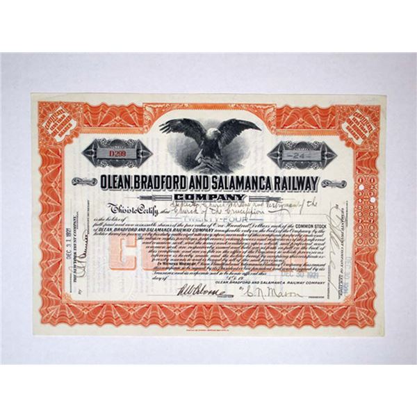 NY. PA., Olean, Bradford & Salamanca Railway, 1921. 24 Shrs I/U Stock Cert. VF-XF