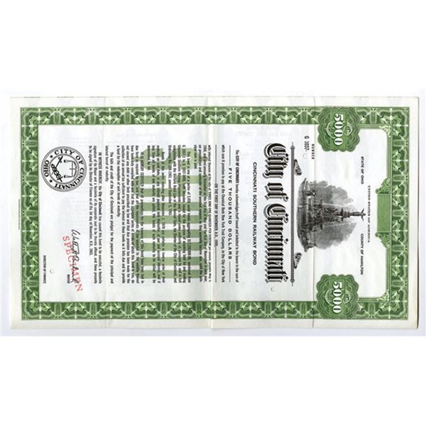 OH. City of Cincinnati, 1963 Specimen $5000 Coupon Bond Cincinnati Southern RWY